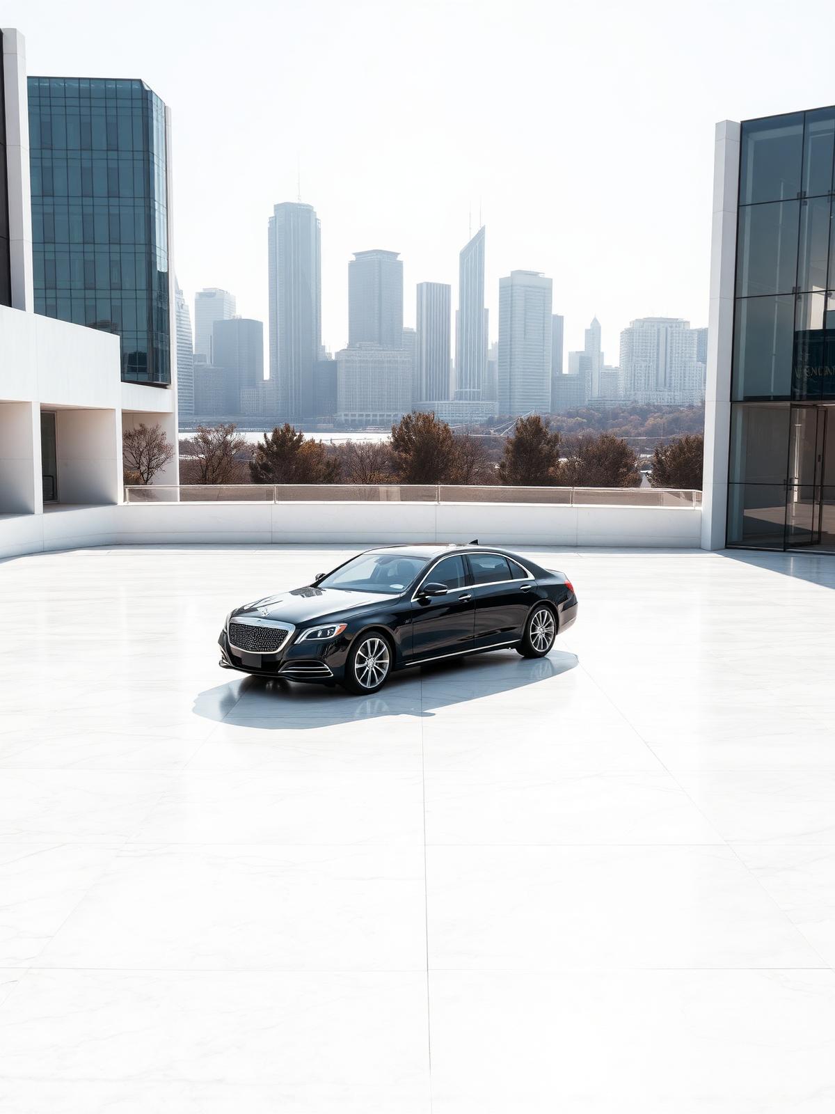 Black luxury sedan on a bright white marble plaza